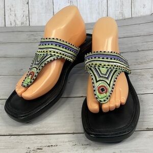 Viintage Beaded Embroidered Thong Square Toe Leather Sandal